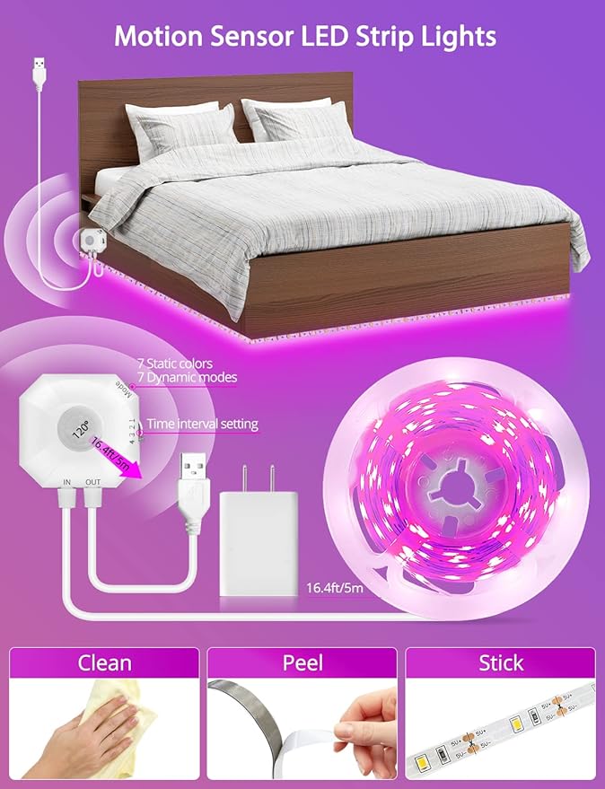 MATICOD Motion Sensor LED Strip Lights Indoor, Plug-in RGB Under Bed Lights for Bedroom, Under Cabinet With APP Control for Kitchen, Closet, Stair Night Light, 16.4ft