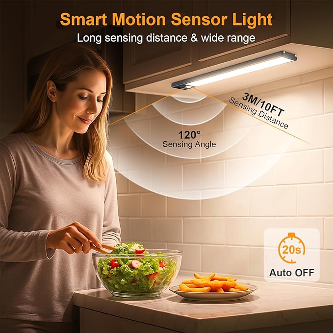 Gritin 10.2inch Under Cabinet Lighting Rechargeable 2 Pack- 3 Color Temps&5 Level Brightness, Super Bright, 4 Modes, Motion Sensor, Long Lasting - Easy Installation Magnetic Under Closet Lights-Black