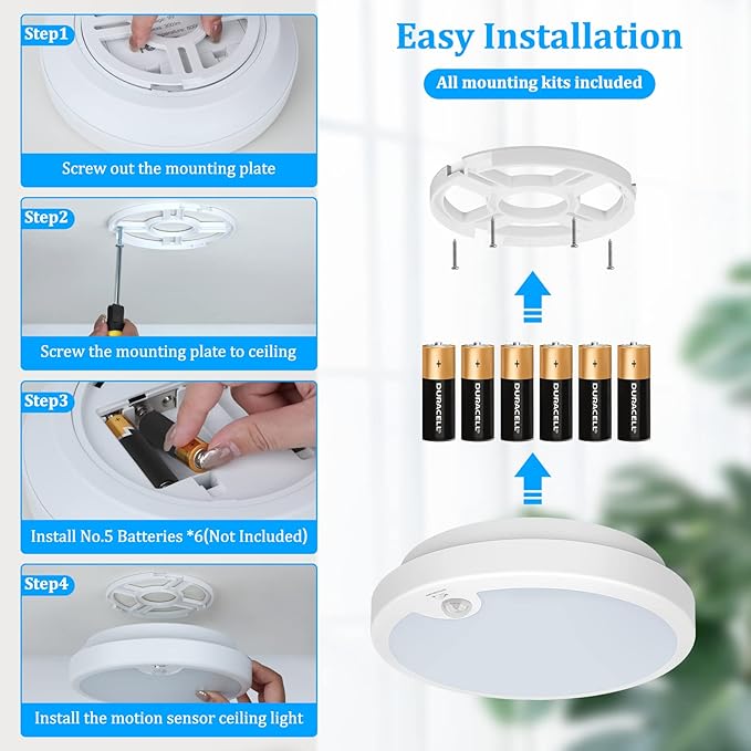 2-Pack Battery Operated Motion Sensor LED Ceiling Light, 7.2inch Flush Mount Light Fixture 6000K, Wireless Motion Activated Ceiling Lamp in 400LM for Closet Pantry Laundry Stair(Battery Not Included)