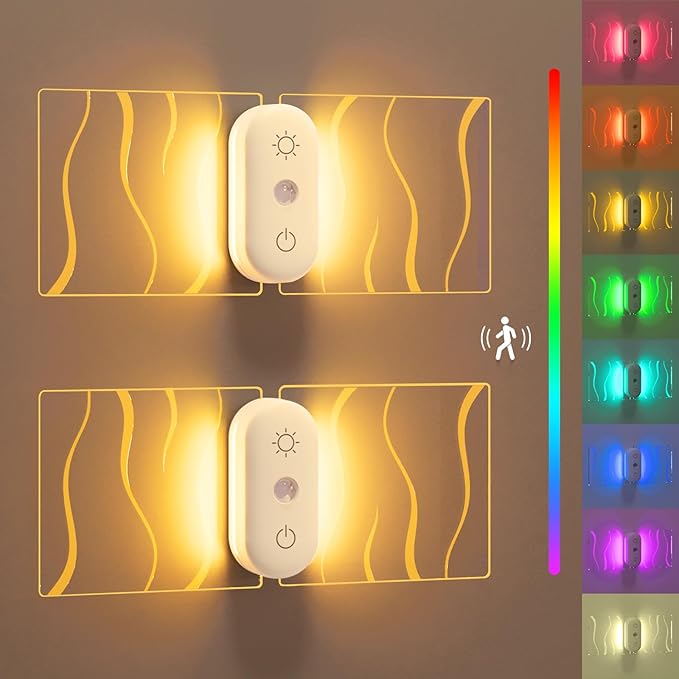 LOFTEK Motion Sensor Night Light (2 Pack) - Rechargeable RGB Color Changing Wall Light, Stepless Dimming, Battery Operated Sconce with Adjustable Brightness for Stairs, Hallway, Bedroom, Kids' Rooms