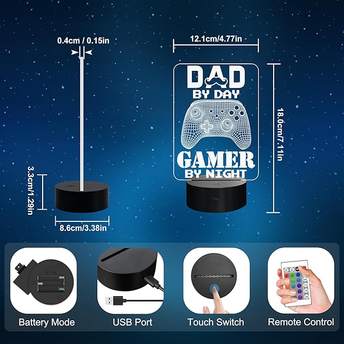 YuanDian Gamer Gifts for Dad, Dad by Day Gamer by Night Funny 3D Illusion Lamp 16 Colors Changing Touch & Remote Control, Desk Decor Gift for Birthday, Christmas, Father’s Day