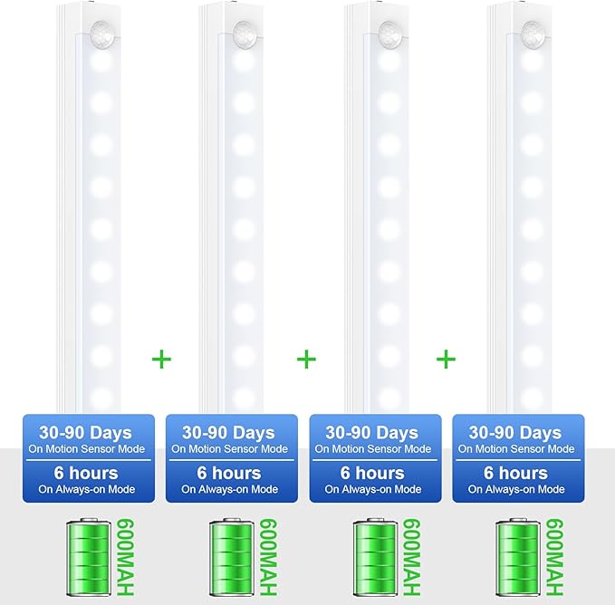 Under Cabinet Lights - Motion Sensor Light Indoor for Pantry, Closet, Kitchen, Bathroom - Battery Operated Magnetic Cabinet Lighting with Auto Off-4 Pack (White Light)