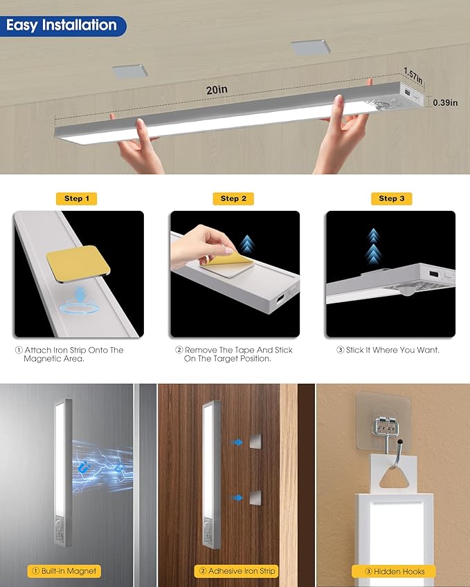20 Inch Under Cabinet Lighting, 3Pack 5CCT Dimmable Closet Lights, Motion Sensor LED Lights of Battery Operated, Rechargeable Under Counter Light for Kitchen, Stairs, Bedroom, Wardrobe