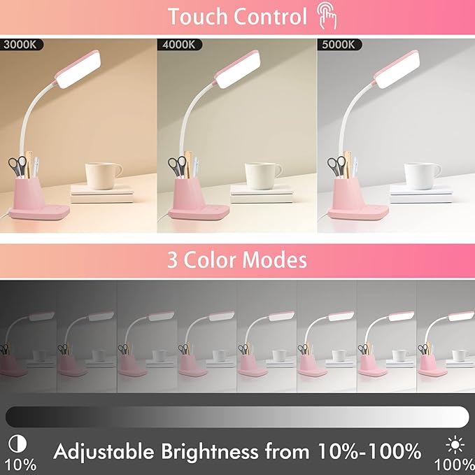 Pink Desk Lamp, Small Desk Lamp with Pen Holder, Wireless Charger LED Desk Lamps for Home Office, Kids Desk Lamps 800LM Flexible Arm 3 Modes Dimmable Touch, Study Lamps for College Dorm Room