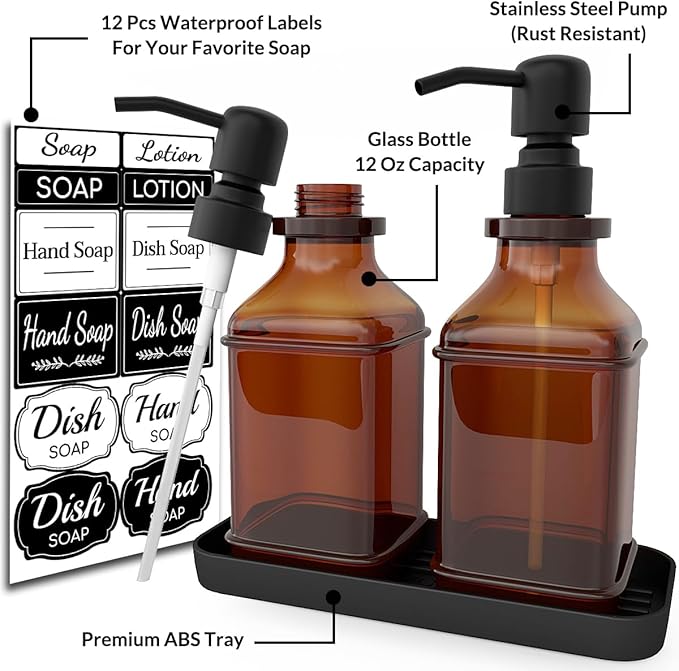 LMQML Soap Dispenser - 2 Pack, Antique Design Thick Amber Glass Hand Soap Dispensers with Sturdy Tray; 304 Rust Proof Stainless Steel Black Pump, 12Pcs Stickers, for Kitchen, Bathroom- Black