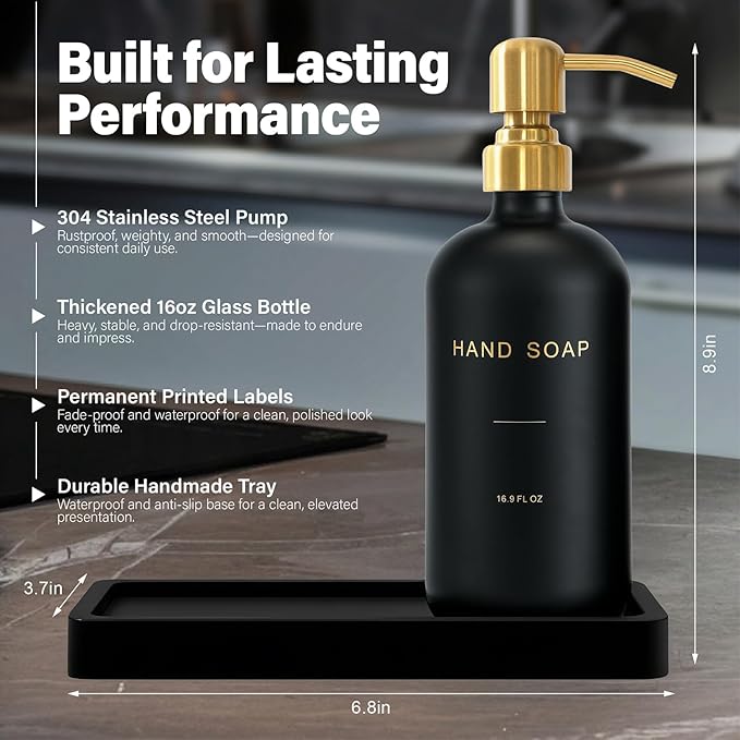 Prus Waso Soap Dispenser Bathroom Set, Hand and Lotion Dispenser with Stainless Steel Pump, Perfect for Black and Gold Bathroom Decor. (Gold & Black)