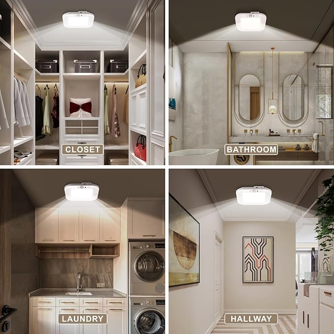 Rechargeable Motion Sensor Ceiling Light, 220LM 6000K Closet Light with USB Cable, 2000mAh Wireless LED Light for Stairway, Hallway, Pantry, Shower, Shed