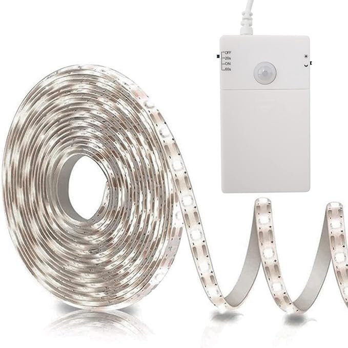 echosari Battery Operated Motion Sensor Cabinet Strip Lights, 9.8Ft 90 LED Counter Closet Strip Light, Motion & Night Sensor Safe Tape Light for Stairs Wardrobe Kitchen (Cool White)