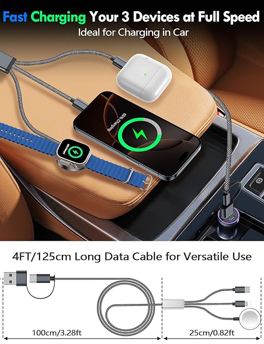 1Pack Multi Charging Cable Cord for Travel Essentials,Apple Watch Charger,iPhone Charger,[3-in-2] Type C/L Cable Portable Designed for iWatch,iPhone 17-8,Galaxy S25-21,AirPods,iPad-4FT Black