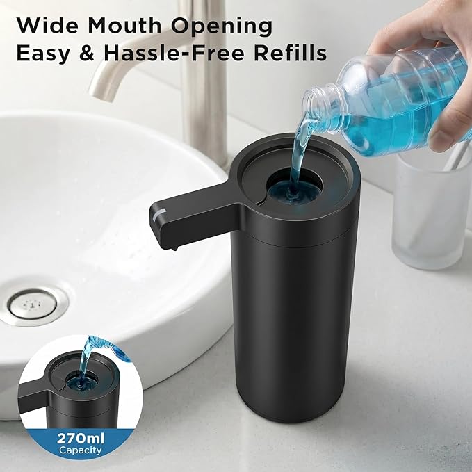 Newise Touchless Automatic Soap Dispenser - 9 oz, USB Rechargeable, Dish Hand Soap Dispenser for Kitchen and Bathroom with 3 Adjustable Dispensing Modes, Stainless Steel, Black