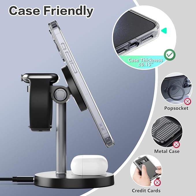 3 in 1 Wireless Charging Station Compatible with MagSafe, 15W Fast Charging Magnetic Mag-Safe Charger Stand for Apple iPhone 17 16 15 14 13 12Series Apple Watch AirPods Pro 4 3 2, Gifts for Men Dad