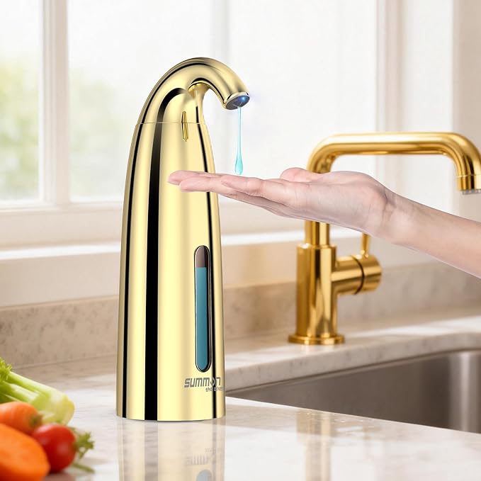 Automatic Liquid Soap Dispenser Touchless, Hand & Dish Countertop Gold Electric Dispenser with Sensor,Modern 4 Gear Adjustable Waterproof Battery Operated Kitchen Auto Soap Pump