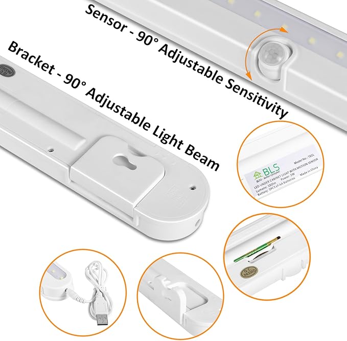 BLS T01L LED Closet Light, Super Bright 20 LED Under Cabinet Lighting Battery Powered/DC Input Wireless Motion Sensing Light, Auto On Off Switch, Motion Sensor & Light Sensor, Light Beam Adjustable