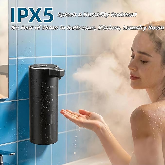 Automatic Foaming Soap Dispenser Touchless Upgrade Pump Uneasy Plugging Wall Mounted USB Rechargeable, 4-Level Adjustable 13.52oz Modern Electric Hand Soap Dispenser Kitchen Bathroom Kids Family Black