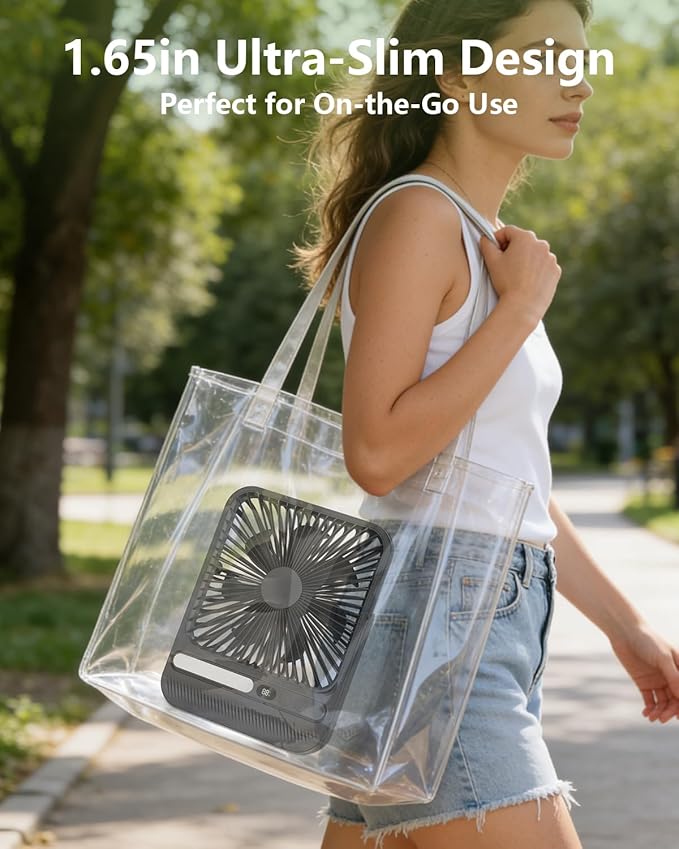 7-Inch Portable Travel Fan, Cruise Ship Approved, 28H 8000mAh Ultra-Thin Quiet Rechargeable Battery Operated Desk Fan with Timer & LED Display for Bedroom, Office, Camping
