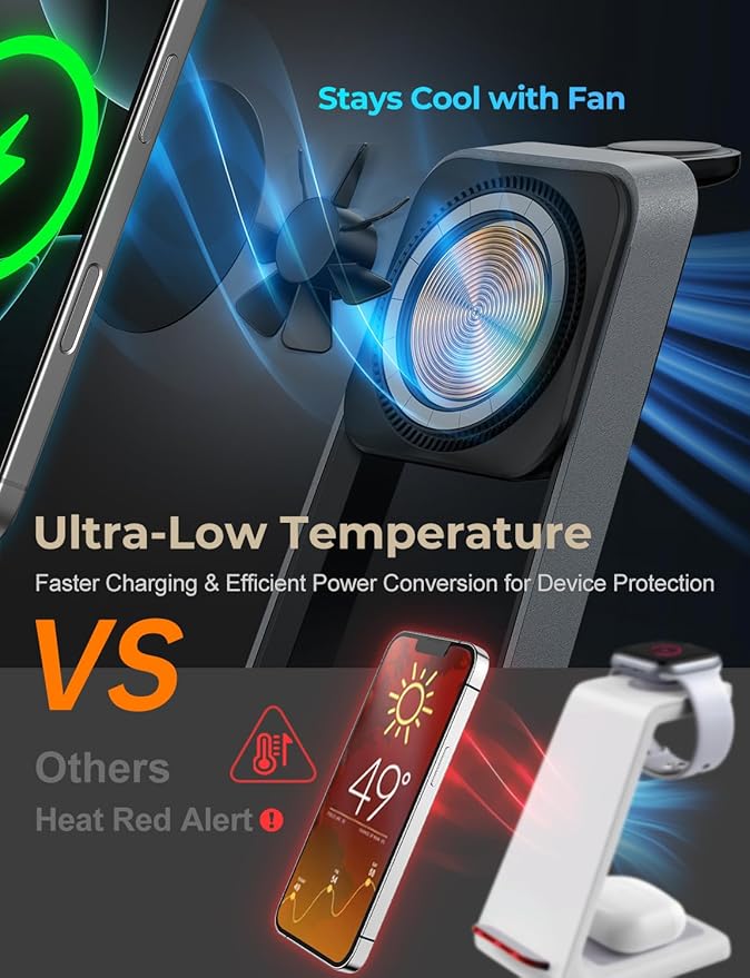 3 in 1 Charging Station for iPhone, Magsafe Wireless Charger with Cooling Fan for iPhone 16 15 14 13 12 Series & Apple Watch Charger 10/Ultra 2, Wireless Charging Station for AirPods 4/3/Pro/Pro 2