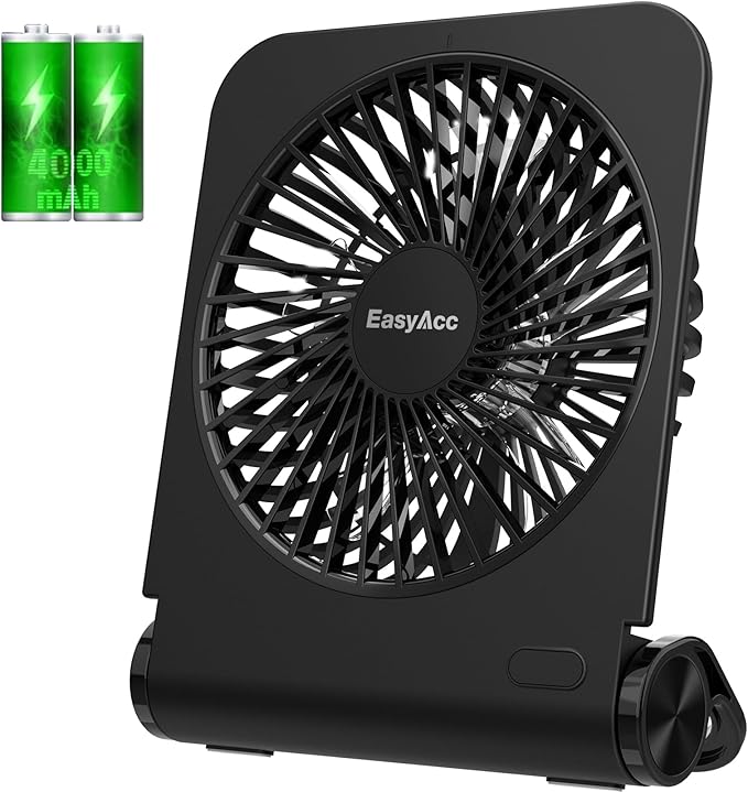 EasyAcc Small Travel Desk Fan, 4000 mAh Slim Portable Fan for Slumber Pod Camping, 180°Tilt Folding, Fully Foldable, Rechargeable, Office Desktop Desk Camping Travel Accessories