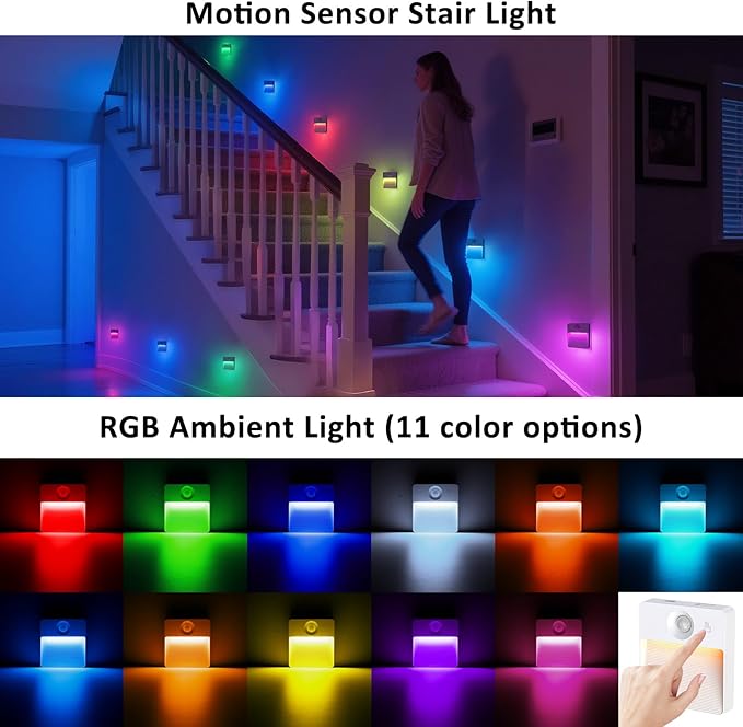 Guankai 8 Pack Rechargeable Motion Sensor Stair Light for Indoor, RGBW Battery Operated Closet Lights, Stick On Night Lamp, Motion Activated Magnetic Lighting Lamps for Step,Cabinet,Hallway,Bathroom
