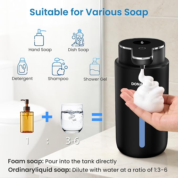 Automatic Foaming Soap Dispenser Touchless, 15oz/420ml USB-C Rechargeable Hand Soap Dispenser, 6-Level Adjustable Foam, IPX5 Waterproof, Wall Mount or Countertop for Bathroom Kitchen, Black