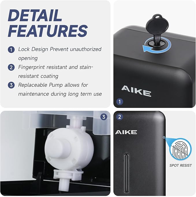 AIKE Wall Mount Liquid Soap Dispenser for Commercial Bathroom 27oz Large Capacity Manual Push Pump Black
