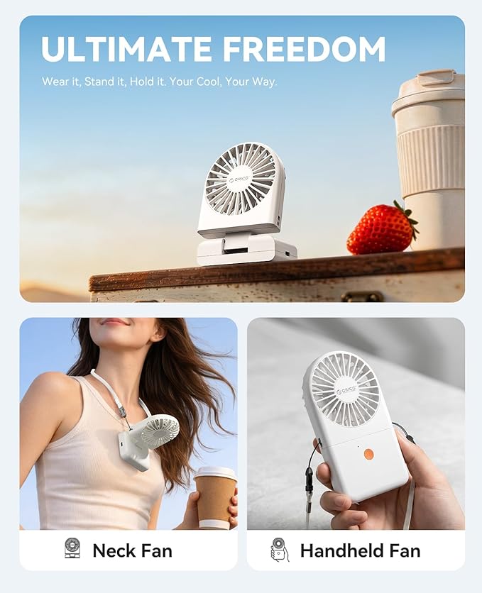 ORICO Portable Neck Fan, Ultra-Lightweight Hands-Free Fan with Battery Operated, 3 Speeds, 7H Runtime, Foldable Desk Fan for Travel, Office, Commute -ReFAN White