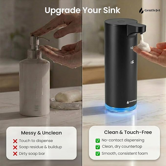 GentleJet EasyFoam Automatic Foaming Soap Dispenser, Touchless USB-C Rechargeable Sensor Pump, 304 Stainless Steel, Adjustable Foam, IPX5 Water-Resistant for Bathroom & Kitchen, 10 fl oz / 300 mL