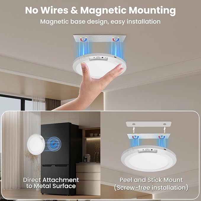 Rechargeable Motion Sensor Ceiling Light Indoor Outdoor w/Remote, 7.08 Inch Battery Operated Flush Mount Ceiling Light 3000K 4000K 6000K 400LM Dimmable for Closet Hallway Laundry Stairs (1)