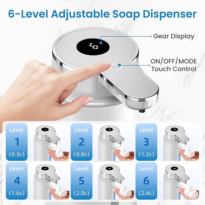 Automatic Foaming Soap Dispenser Touchless, 15oz/420ml USB-C Rechargeable Hand Soap Dispenser, 6-Level Adjustable Foam, IPX5 Waterproof, Wall Mount or Countertop for Bathroom Kitchen, Silver