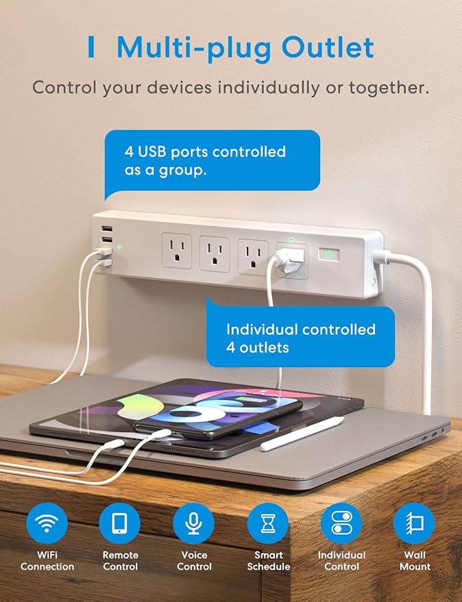 Meross Smart Power Strip Compatible with Apple HomeKit, Siri, Alexa, Google Home and SmartThings, WiFi Surge Protector with 4 AC Outlets, 4 USB Ports and 6ft Extension Cord, Voice and Remote Control
