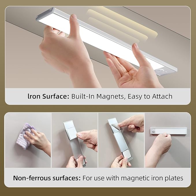 10inch Under Cabinet Lighting, 4 Pack Rechargeable Motion Sensor Light Indoor, Wireless Dimmable Magnetic Closet Lights, 40 LED Under Counter Lights for Kitchen, Wardrobe, Stairs, Warm Light