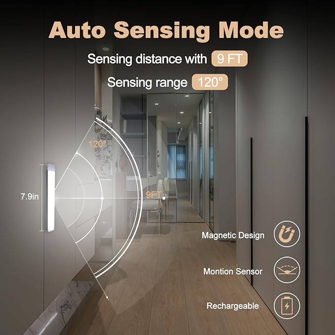 6 Pack Motion Sensor Under Cabinet Light, Magnetic Rechargeable 2 Color Under Counter Light, 8 Inch LED Closet Light for Stair Bedroom Cupboard