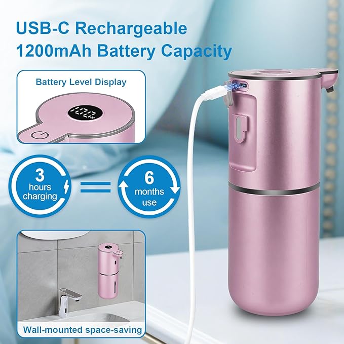 OHIFAST Automatic Liquid Soap Dispenser Touchless, USB Rechargeable Smart Hand Soap Dispenser, 6-Level Adjustable, 12.8oz/380mL Wall Mounted for Bathroom Kitchen Accessories Dish Soap-Rose Gold