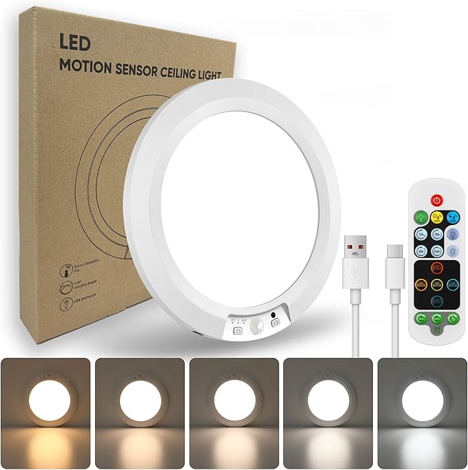 Wireless Motion Sensor Ceiling Light, 7.5" Ultra-Thin 8000mAh Rechargeable, 450 LM, 5 Color Temps, Dimmable with Timer & Remote, Magnetic/Screw Mount for Closet, Hallway, Pantry, 1-Pack