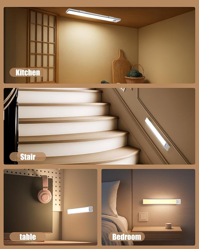 Under Cabinet Lighting 12 inch Rechargeable Battery Operated Motion Sensor Light Wireless Under Counter Lights for Kitchen, Stairs,Hallway (3 Pack)