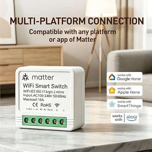 Matter Smart Switch, Smart Light Switch, WiFi Mini DIY Module, eWeLink Web, Flush-Mounted, APP & Voice Control, Smart Switches for Lights Compatible with Apple, Alexa & Google, 2PCS