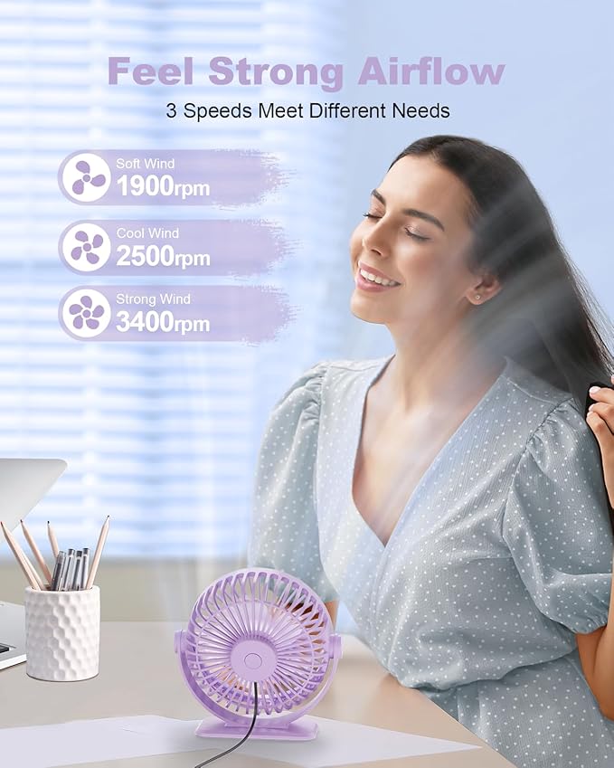 TriPole Desk Fan USB Powered Small Portable Fan, 3 Speeds Adjustable Strong Breeze Mini Personal Fan, 360° Rotation Quiet Plug In USB Fan for Desktop Bedroom Office Table Travel, Purple, 4.9ft Cable