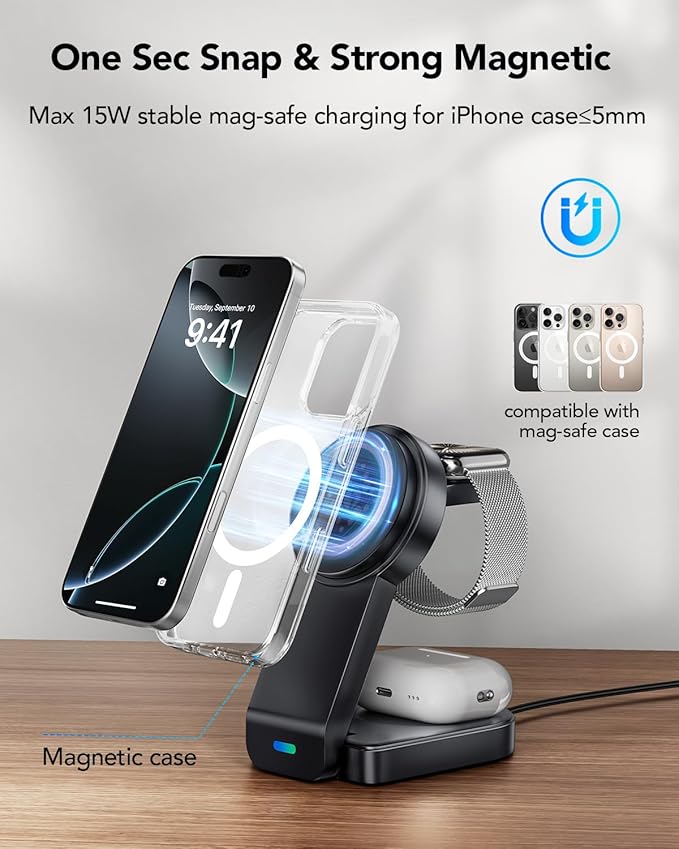 3 in 1 Wireless Charging Station Compatible with Apple,Foldable Magnetic Wireless Charger for iPhone 17/16/15/14/13/12,Apple Watch Series 11/Ultra 3/SE 3/10/9/8/7/6/5/4,Air-Pods Pro 3/4/3/Pro/2(Black)