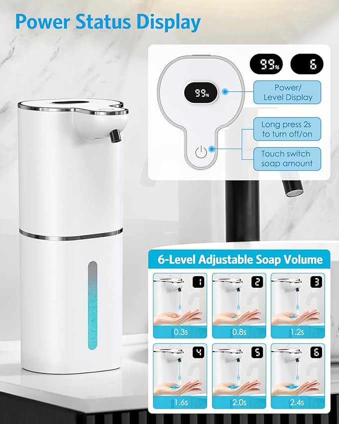 2PCS Automatic Liquid Soap Dispenser, Touchless Soap Dispenser Digital Display, Rechargeable, 6 Adjustable, 12.8oz/380ml, Waterproof, Wall Mount, Countertop for Bathroom, Kitchen Dish Soap