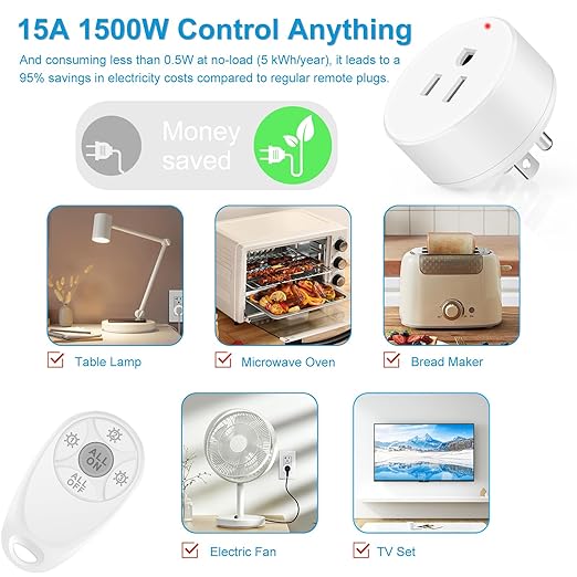 Remote Control Outlet,Greencycle Remote Light Switch and Plug,Wireless Light Switch,500ft Range,No Wiring Needed,15A/1500W for Household Appliances,FCC Certified,White