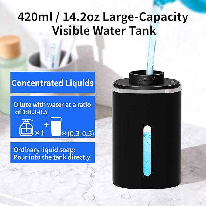 Automatic Liquid Soap Dispenser, Touchless Rechargeable Hand Soap Dispenser, 4 Adjustable Levels, 1200mAh Battery, Large Display, for Kitchen & Bathroom (Black, Liquid)