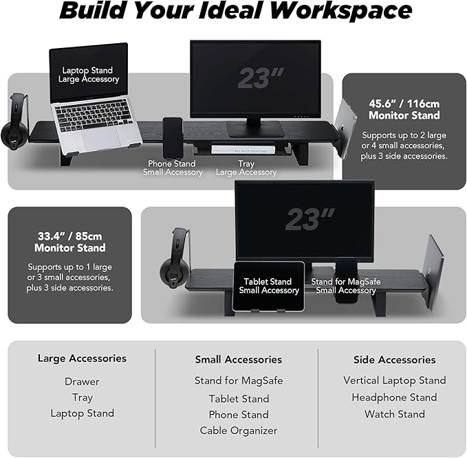 ULTRARM Moodular Wooden Monitor Stand 33.4” (85cm) Desk Organizer with Metal Slide Rails for Drawer, Tray, Laptop, Tablet, Phone & Headphones Customizable Riser for Organized Workspace Walnut MS85-W