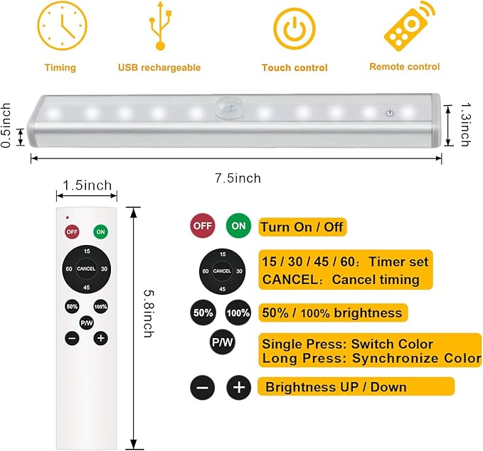 Diomart LED Closet Light 20-LED Rechargeable Remote Control Light Under Cabinet Lighting Wireless Stick-Anywhere Night Light Bar with Touch Control for Stairs, Wardrobe, Kitchen, Hallway (1 Pack)