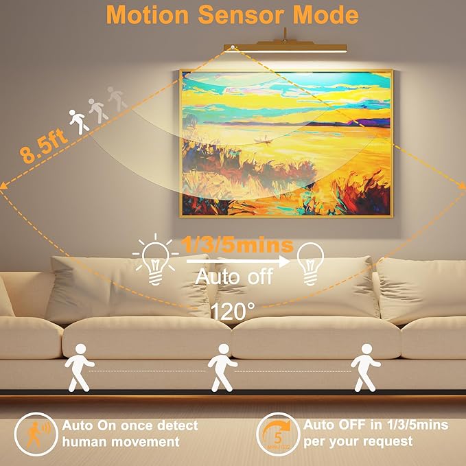 Brass Wireless Picture Light for Wall with Motion Sensor – 16'' Remote with 3CCT Dimmable Art Light for Paintings, 5000mAh Rechargable Painting Light for Artworks,Photos (1Pack