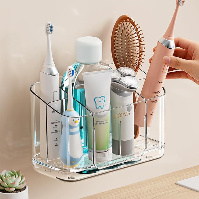 MOPMS Toothbrush Holders for Bathrooms, 5 Slots Adjustable Divider Tooth Brush and Toothpaste Holder for Easy Clean, Wall Mounted & Countertop Organizer with Drain Tray for Shower/Kitchen