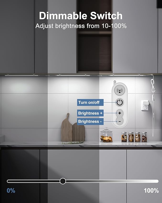 Remote Control Under Cabinet Led Light Plug in, Dimmable Daylight White 4500K, 6 Pack 12 inch Linkable Under Counter Lights for Kitchen Upgrade ETL Listed Plug 24V, UNO-LK 4500K