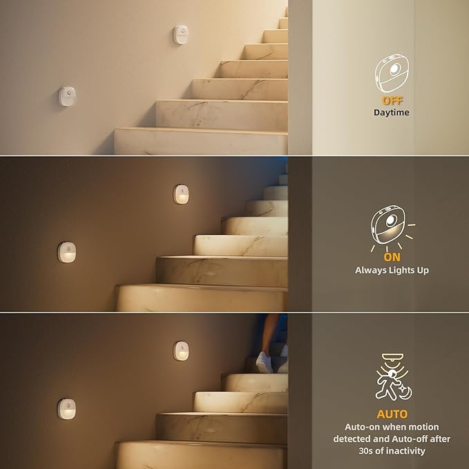 Lyridz Rechargeable Night Light, Motion Sensor Battery Nightlight, Mini Stick-on LED Closet Light, 1-20LM Dimmable Brightness for Bathroom, Bedroom, Kitchen, Washroom, Stairs, Hallway, 3-Pack