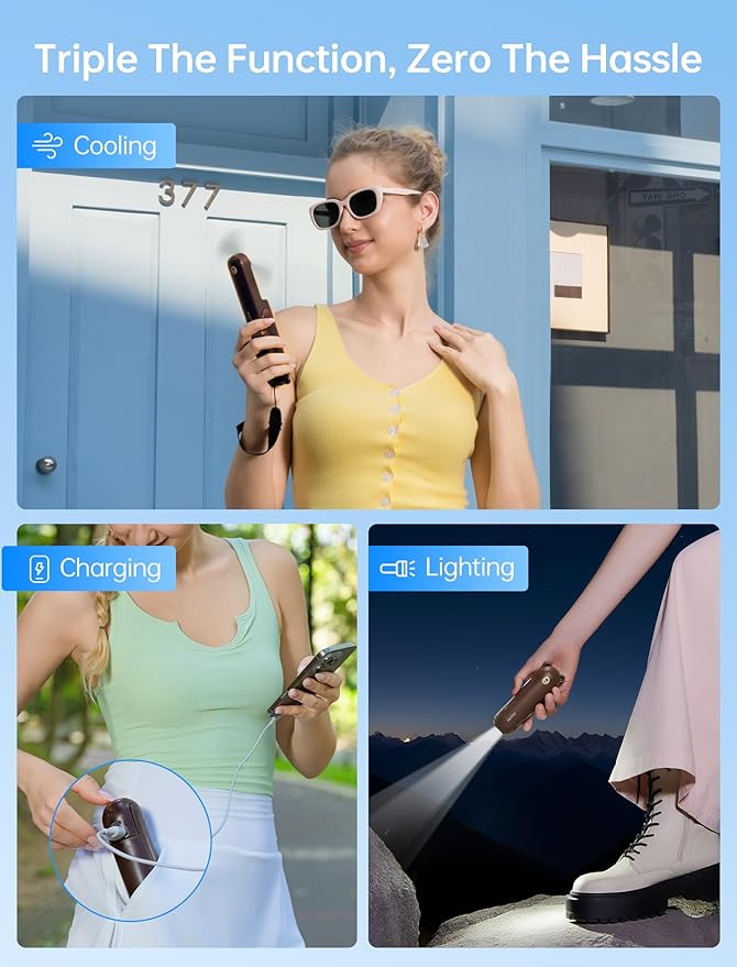 JISULIFE 3 IN 1 Handheld Mini Fan - Portable Fan & Power Bank & Flashlight, 19H Max Cooling, USB Rechargeable, Pocket-Sized for Travel, Cruise, Concerts, Makeup, 2026 Summer Gifts for Women(Brown)