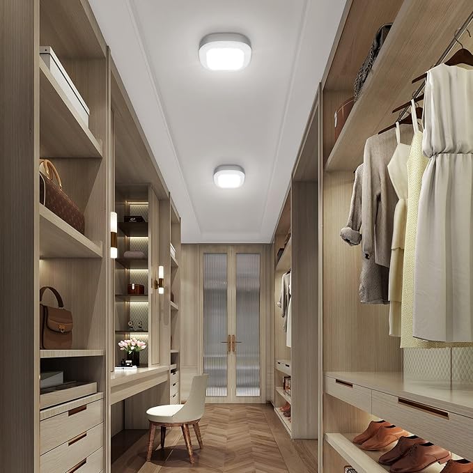 WhitePoplar Motion Sensor Ceiling Light Battery Operated, Wireless Motion Activated LED Light 300LM White Indoor Lights for Closet Cordless Stair Hallway Bedroom Pantry Shed Shower Light