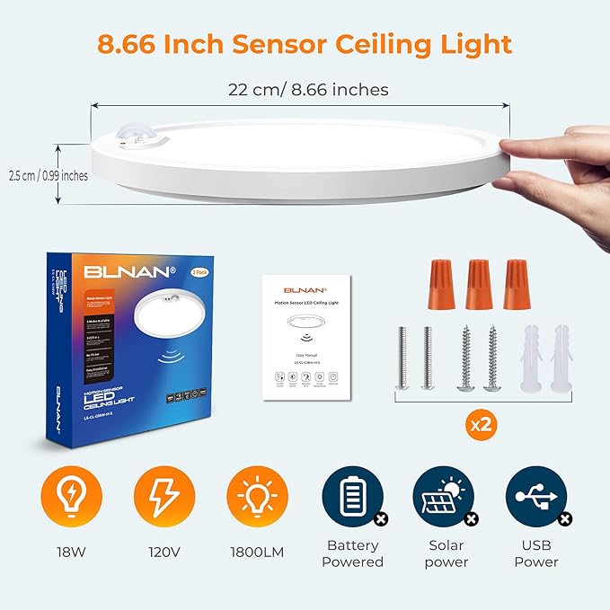 BLNAN Motion Sensor Ceiling Light Wired, 8.7 Inch 3000K 4000K 5000K Selectable LED Flush Mount Light Fixture, Motion Activated Light with Timer for Hallway Stair Walk-in Closet, Non-Dimmable 2 Pack