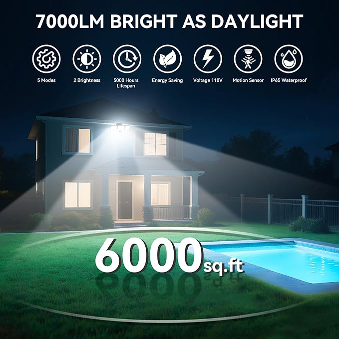 LED Security Lights Motion Sensor Outdoor Lights, 6500K Daylight, IP65 Waterproof, Dusk to Dawn, 3-Head Motion Detected Flood Light for Garage, Yard, Porch, 2Pack